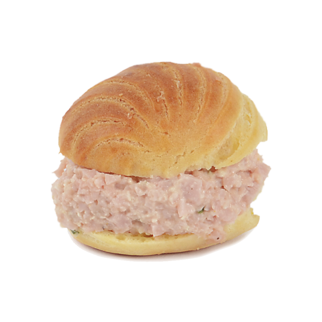 Eggs, chicken or ham filled profiteroles